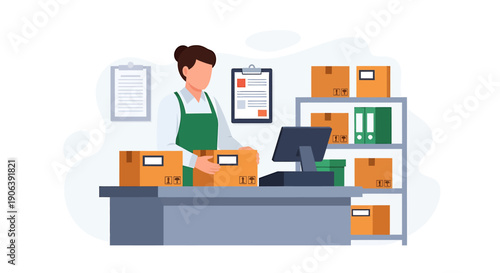 Woman working at a retail counter with boxes and computer.