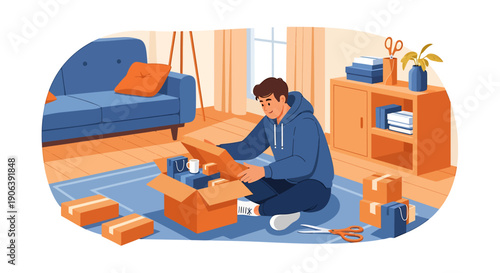 Young man packing boxes for shipping at home.