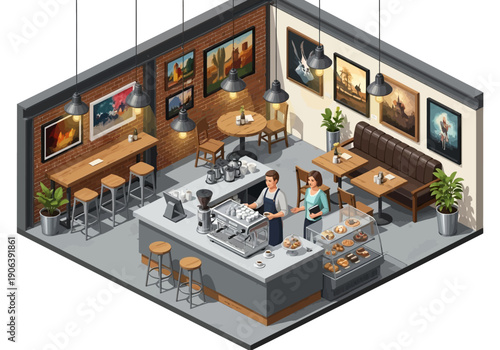 Isometric View of a Modern Coffee Shop Interior with Staff and Customers