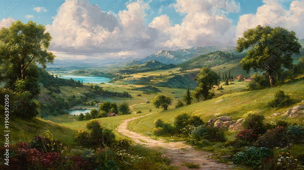 Obraz premium A winding dirt path leads through rolling green hills, lakes, and under a partly cloudy sky