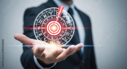 Businessman Holding Horoscope Wheel Target Business Goals Professional Precision Accuracy Astrological Prediction Strategy Success Focus Zodiac Future Planning