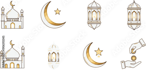 Ramadan icons collection with mosque, crescent moon, lanterns, zakat charity hands, Islamic holy month fasting, prayer, spirituality, cultural celebration illustration