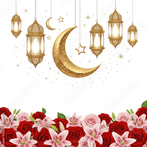 Ramadan Celebration Border with Golden Moon, Stars, and Lanterns above Roses and Lilies