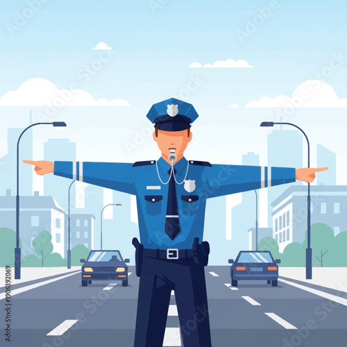 Police Officer Directing Traffic on Road.
