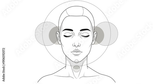 Woman meditates peacefully with eyes closed wearing headphones and a serene expression on her face