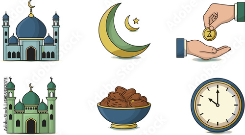Ramadan icons set with mosque, crescent moon, zakat charity, dates bowl, iftar time clock, Islamic holy month cultural illustration