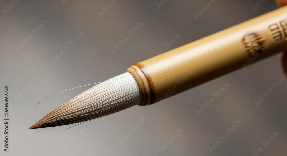 Naklejka premium Traditional writing instrument featuring a fine pointed bristle tip and light brown wooden handle is held in close up