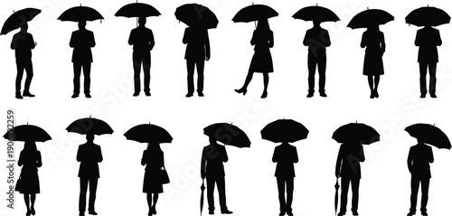 Vector Illustration Set of Business People Silhouettes Standing with Umbrellas in Rain for Weather Protection Corporate Outdoor Professional and Seasonal Lifestyle Graphic Design
