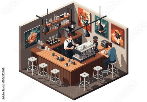 Isometric View of a Modern Coffee Shop Interior with Barista and Customer