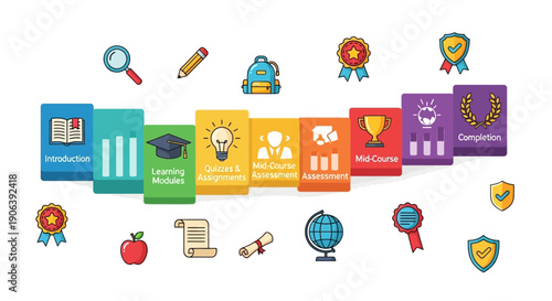 Education and Achievements Illustrated with Colorful Icons and Symbols