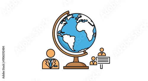 Global connectivity and communication represented by a globe surrounded by people icons and a presentation screen