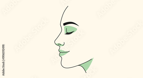 Woman's face profile with green makeup and closed eyes on cream background