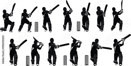 Vector Illustration Set of Cricket Batsman Silhouettes with Different Batting Poses and Professional Shots for Sports Action Tournament Training and Active Lifestyle Designs