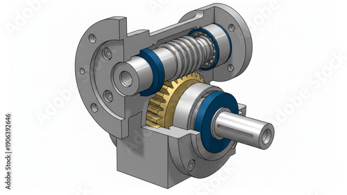 Worm Gear Drive Cutaway Color Coded Technical Illustration on White Background