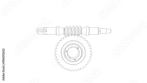 Worm Gear Drive Line Art Engineering Technical Drawing on White Background