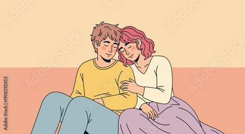 Loving couple sitting together in warm embrace on sofa with pastel background