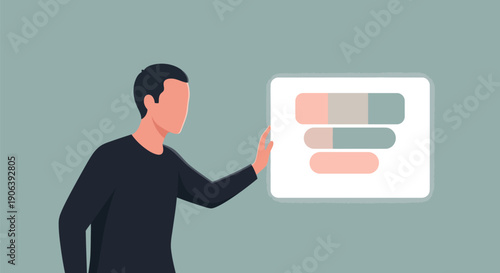 Man presenting data on a screen with colorful horizontal bars in a simple style