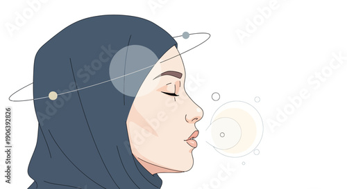 Woman wearing hijab blowing bubble with planet orbiting head in space