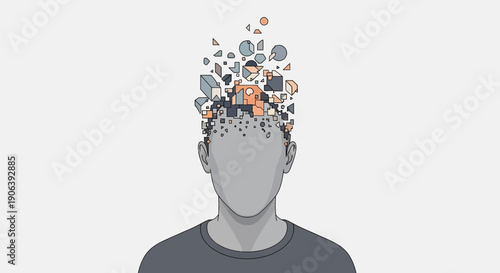 Man with creative thoughts and ideas exploding from his head in colorful shapes and symbols