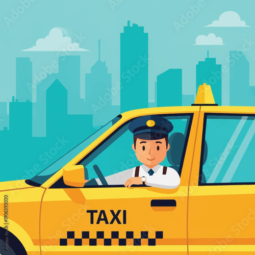 Smiling Taxi Driver in Yellow Cab.