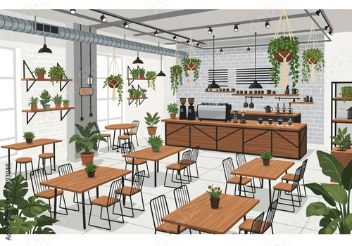 Modern coffee shop interior with lush greenery and natural light