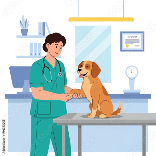 Veterinarian Examining Golden Retriever Dog.