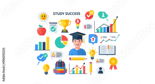 Graduate surrounded by education and achievement icons in a digital illustration showcasing study success from a direct viewpoint