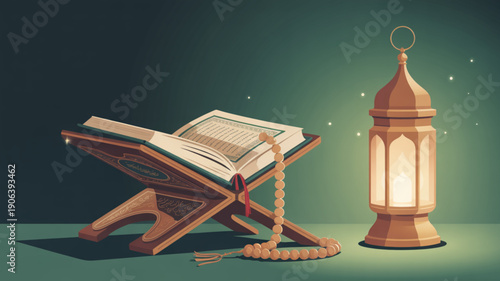 Holy Quran on Wooden Rehal with Prayer Beads and Ramadan Lantern