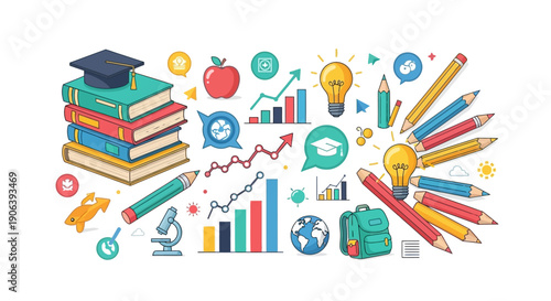 Educational icons and symbols surrounding a graduation cap on a stack of books, representing learning and academic achievement from a top-down viewpoint