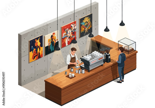 A barista serving coffee to a customer in a modern coffee shop with artwork on the walls