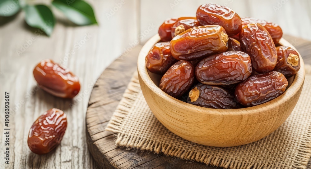 Obraz premium A wooden bowl overflowing with nutritious dates on a rustic wooden table with scattered dates and green leaves in background