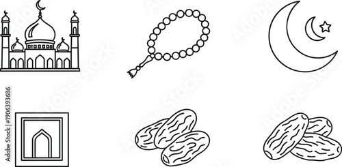 Ramadan mosque crescent lantern prayer beads dates, Islamic holy month fasting icons, religion culture spirituality celebration tradition silhouette illustration