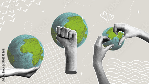 Global Responsibility. Trendy Halftone Collage. Hands, Earth, and Environmental Action