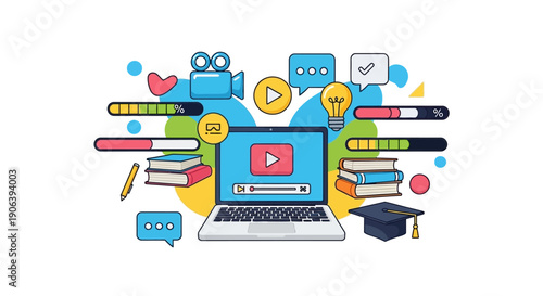 Laptop displaying video player surrounded by education icons and objects from various perspectives