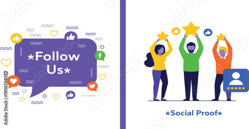Social Media Engagement and Social Proof Concept Illustration with Follow Us Message, Likes Icons, Rating Stars, and Online Community Interaction