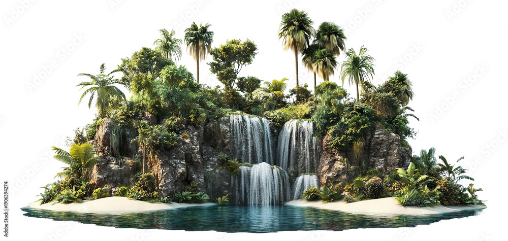 Naklejka premium Tropical waterfall oasis with palm trees and sandy shore, isolated on transparent cutout background