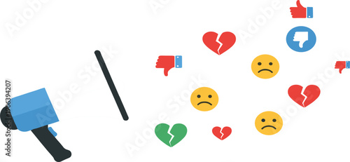 Online Negative Feedback and Social Media Criticism Concept with Megaphone, Dislike Icons, Broken Hearts, and Sad Emoji Reactions Flat Vector Illustration