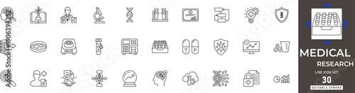 Professional Clinical Research Outline Icons - Modern Laboratory Equipment and Scientific Study Vector Set.
