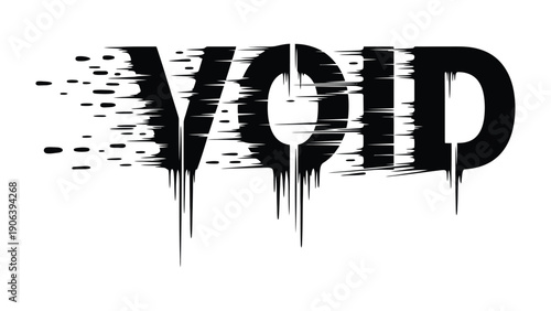 VOID: Visual Representation of Emptiness: A striking, black and white depiction of the word VOID, where letters dissolve, embodying a powerful sense of absence, the void and the unknown.