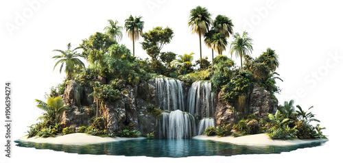 Tropical waterfall oasis with palm trees and sandy shore, isolated on transparent cutout background