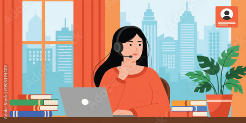 Remote Customer Support Agent Working on Laptop with Headset in Home Office City View Environment for Online Service and Communication Vector Illustration