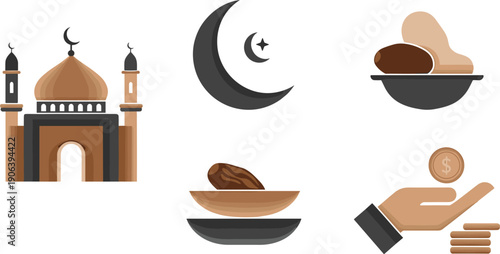 Ramadan mosque crescent moon star dates charity, Islamic holy month fasting prayer icons, religion culture spirituality celebration tradition illustration design