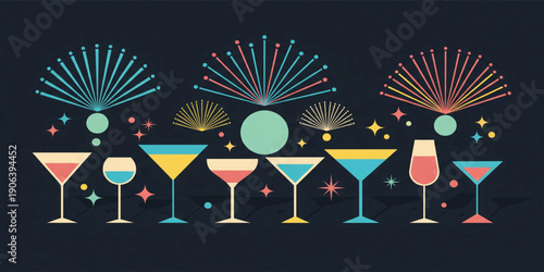 Retro Cocktail Glass Illustration Set with Colorful Firework Bursts and Geometric Party Elements for Celebration Posters, Bar Menus, and Event Designs