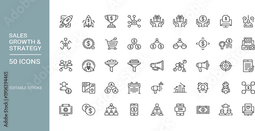 Sales Growth and Business Strategy Line Icon Set with Marketing, Revenue, Analytics, Funnels, Targets, and Financial Performance Symbols for Web and App Design