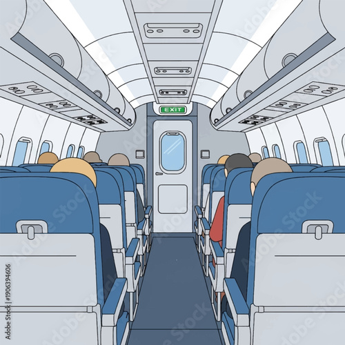 Airplane Interior with Passenger Seats.