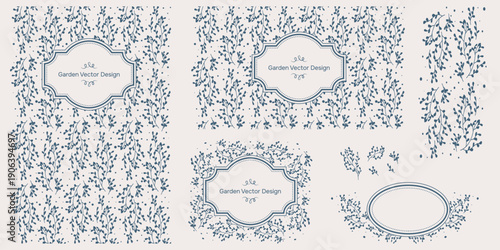 A collection of vintage blue frames and elements with flowers and leaves. Vector illustrations with outline drawings, vignettes, invitation templates, and patterns. Vector illustration.