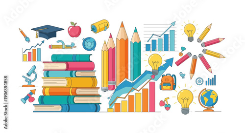 Education and learning concept with books, pencils, graduation cap, and growth charts representing success and knowledge development