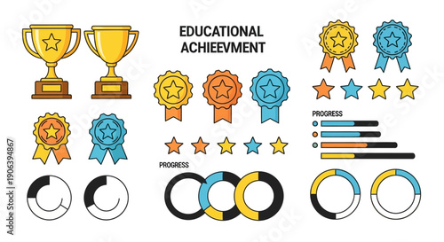 Collection of Awards and Progress Icons Representing Educational Achievement and Success