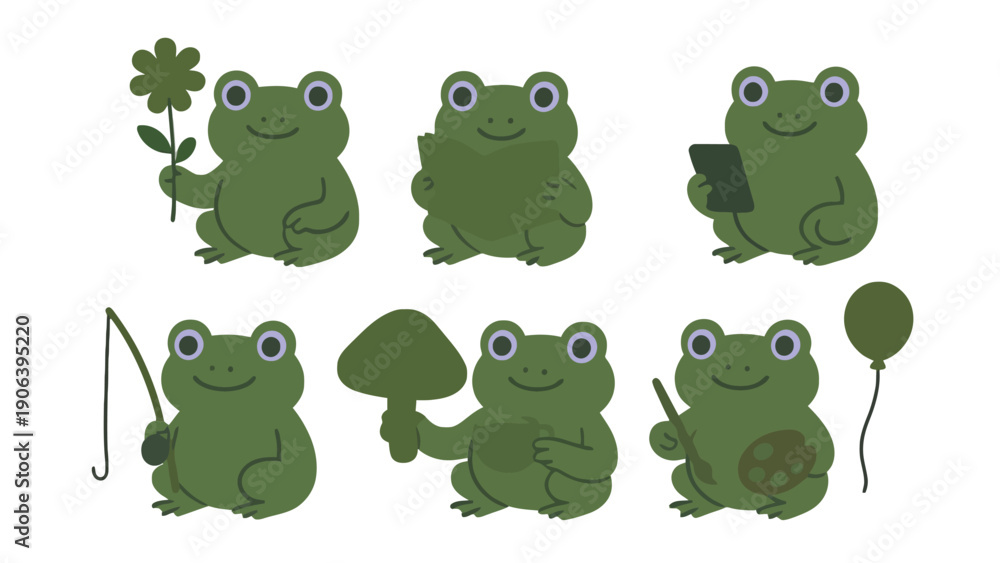Obraz premium Frog vector illustrations set on transparent background with various objects