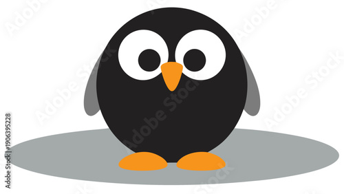 Cute cartoon penguin with big white eyes and orange beak on gray shadow